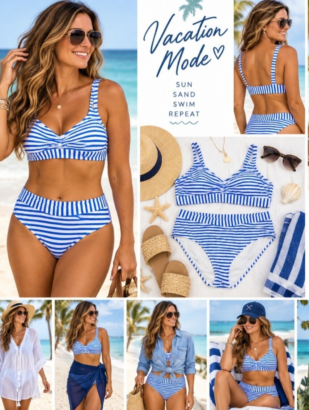 Kona Sol Blue White Stripe Bikini Swimsuit Set Top 16W Bottom XL Padded Beach - Picture 15 of 15